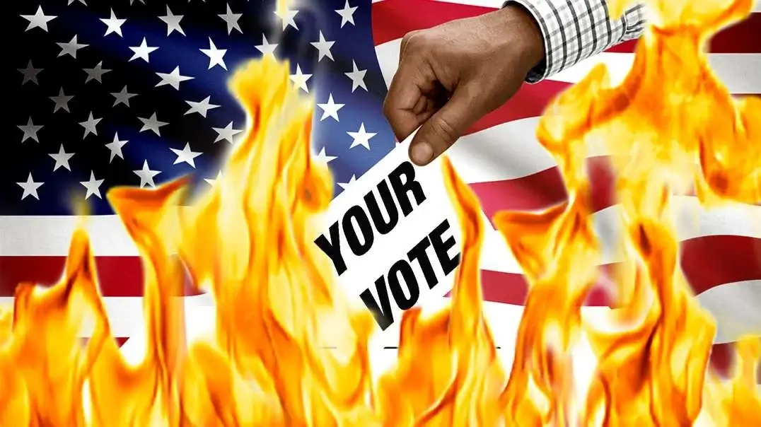 Photo of Amercian Flag in background, Your vote going up in flames